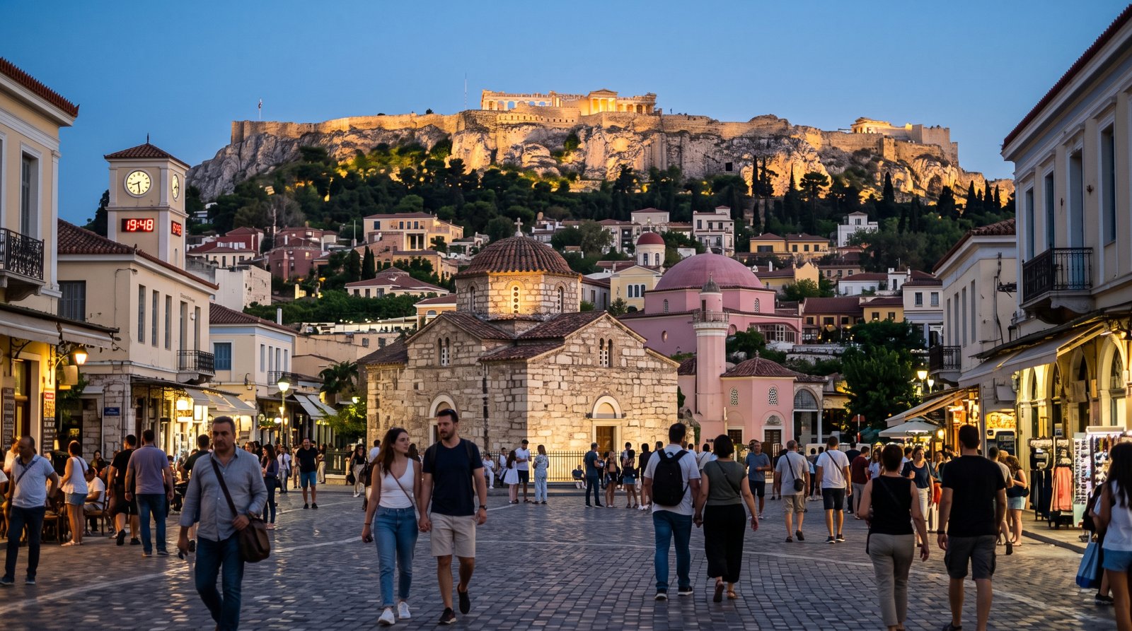 Monastiraki Square at dusk with Pantanassa church, the pink-domed Tzistarakis Mosque and the Acropolis glowing above the rooftops