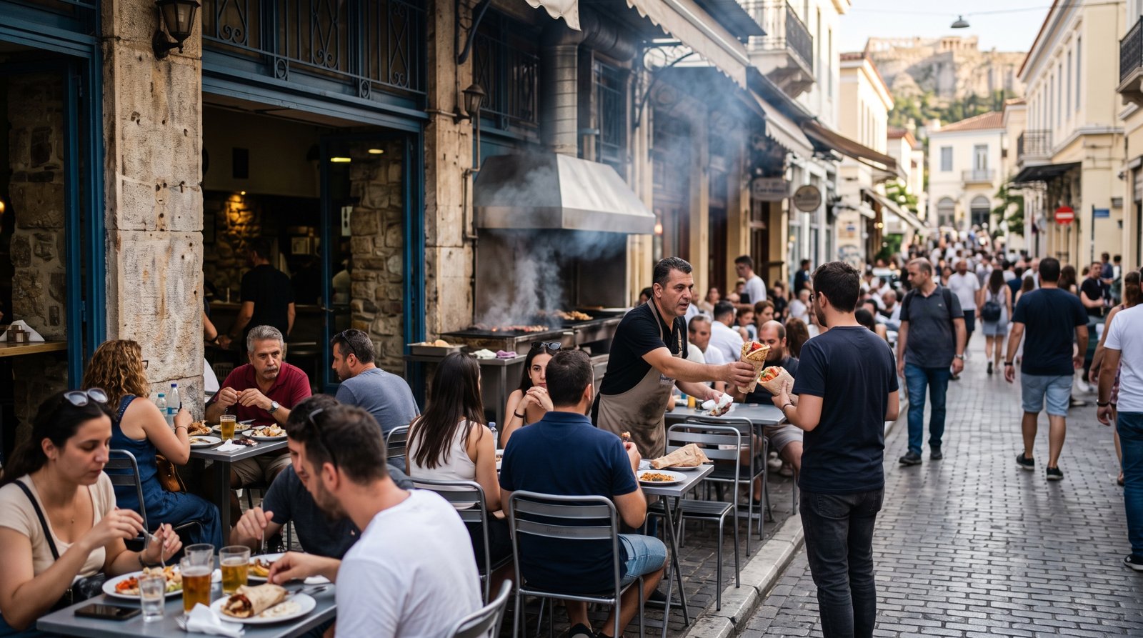 O Thanasis on Mitropoleos with crowded pavement tables, open grill smoke and wrapped kebabs being served to standing customers