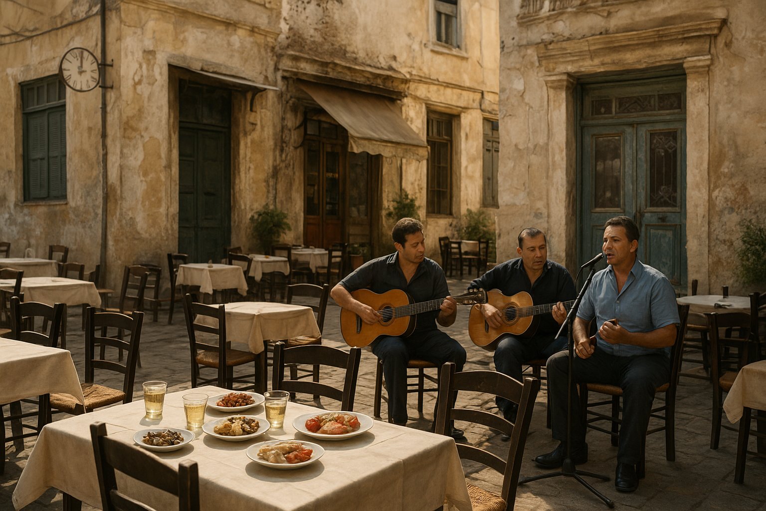 Cafe Avissinia in the flea-market square, tables set under old buildings with meze plates, retsina glasses and musicians playing live rebetika