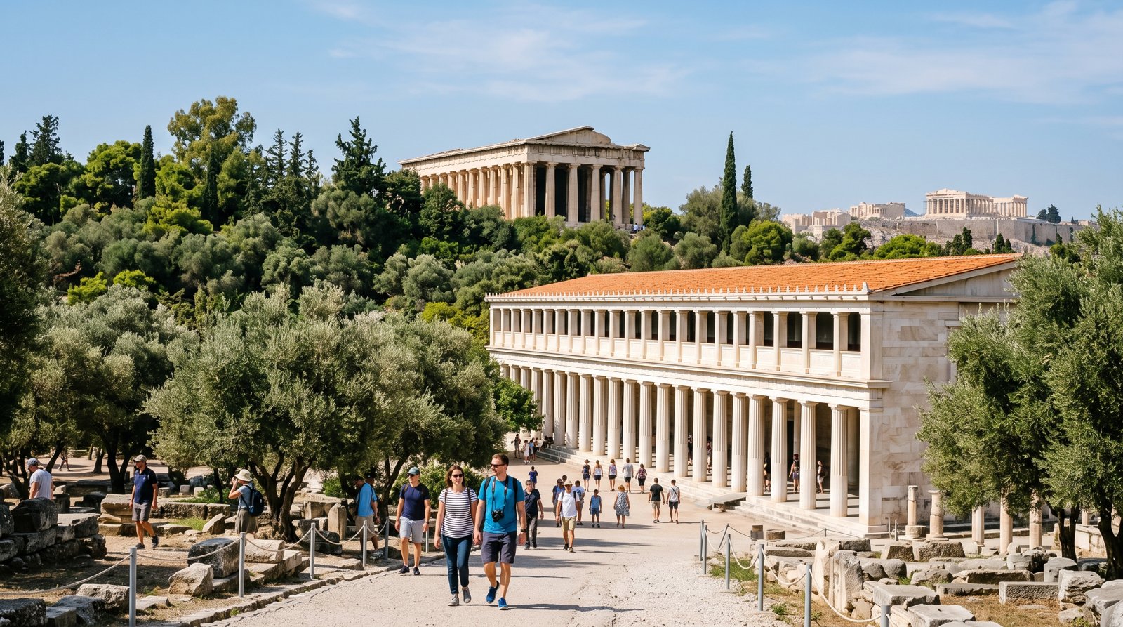 The Ancient Agora with the Temple of Hephaestus rising over olive trees and the Stoa of Attalos colonnade in bright morning light