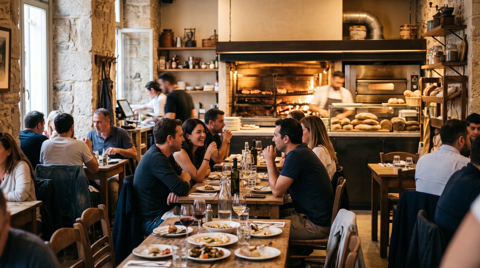 the warm, crowded interior of Akra at Amynta 12, with the wood-fired grill and bakery counter visible behind the dining room