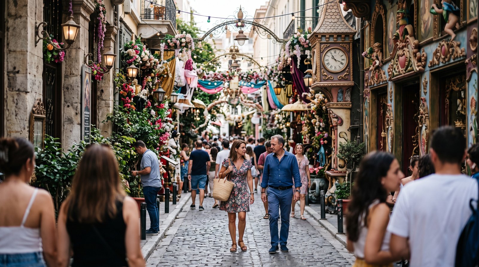 Pittaki Street in Psirri, a narrow pedestrian lane off Ermou with Little Kook’s ornate fairytale frontage and decorative street dressing